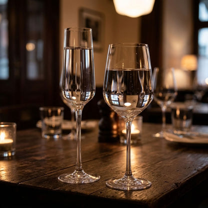 Champagne flute and wine glass in an elegant evening setting