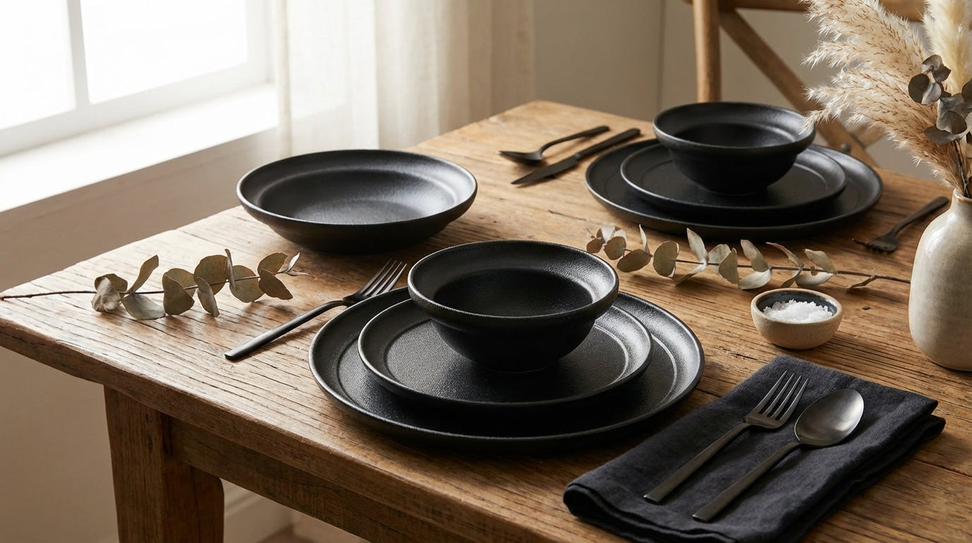 Black ceramic dinnerware set on a wooden table with natural light.