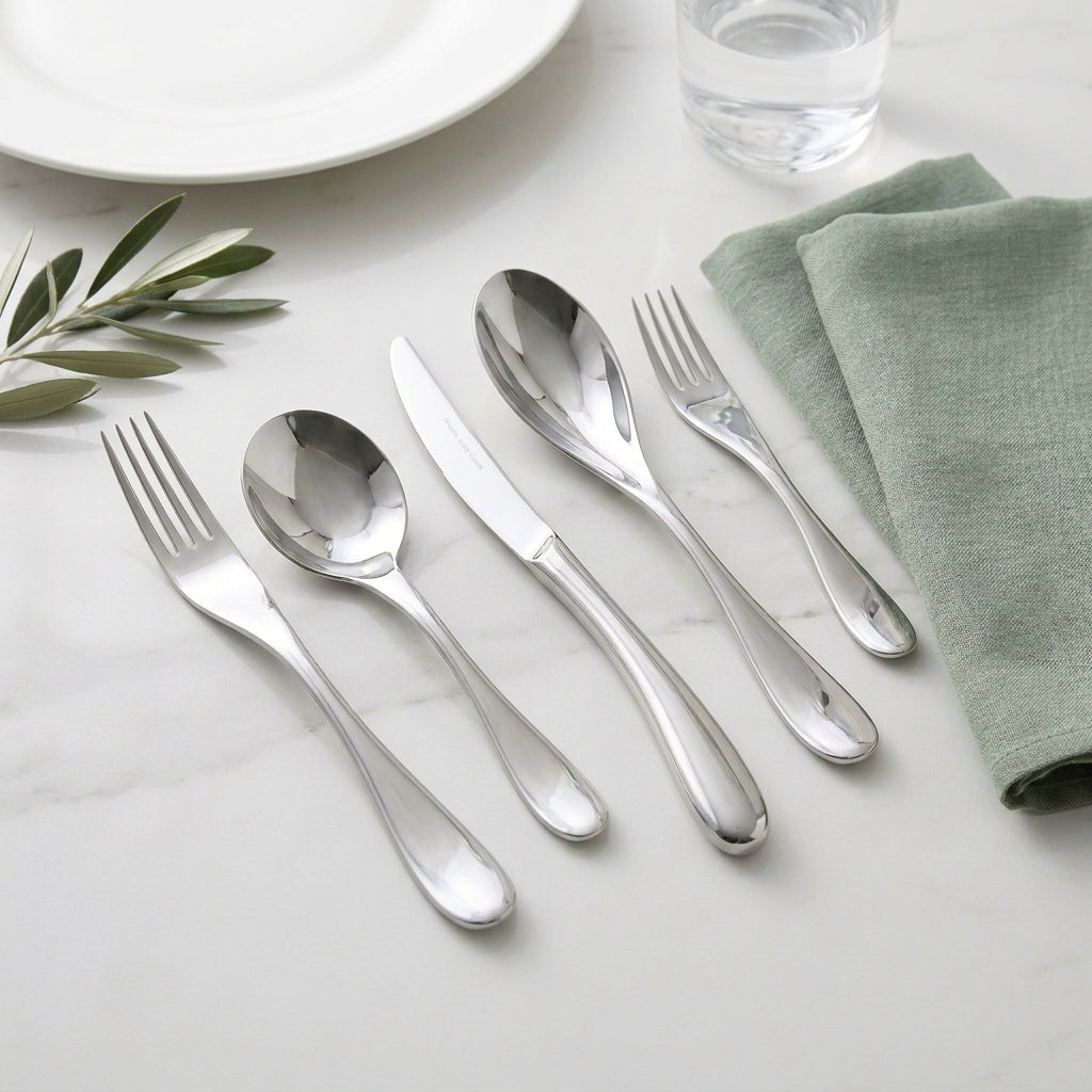 Silver cutlery set on a white surface with a green napkin and leaf decoration.
