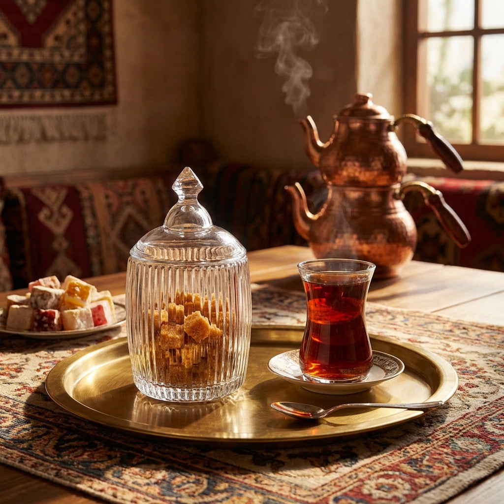 Tray with glass jar, cup of tea, and copper teapot on a patterned rug.