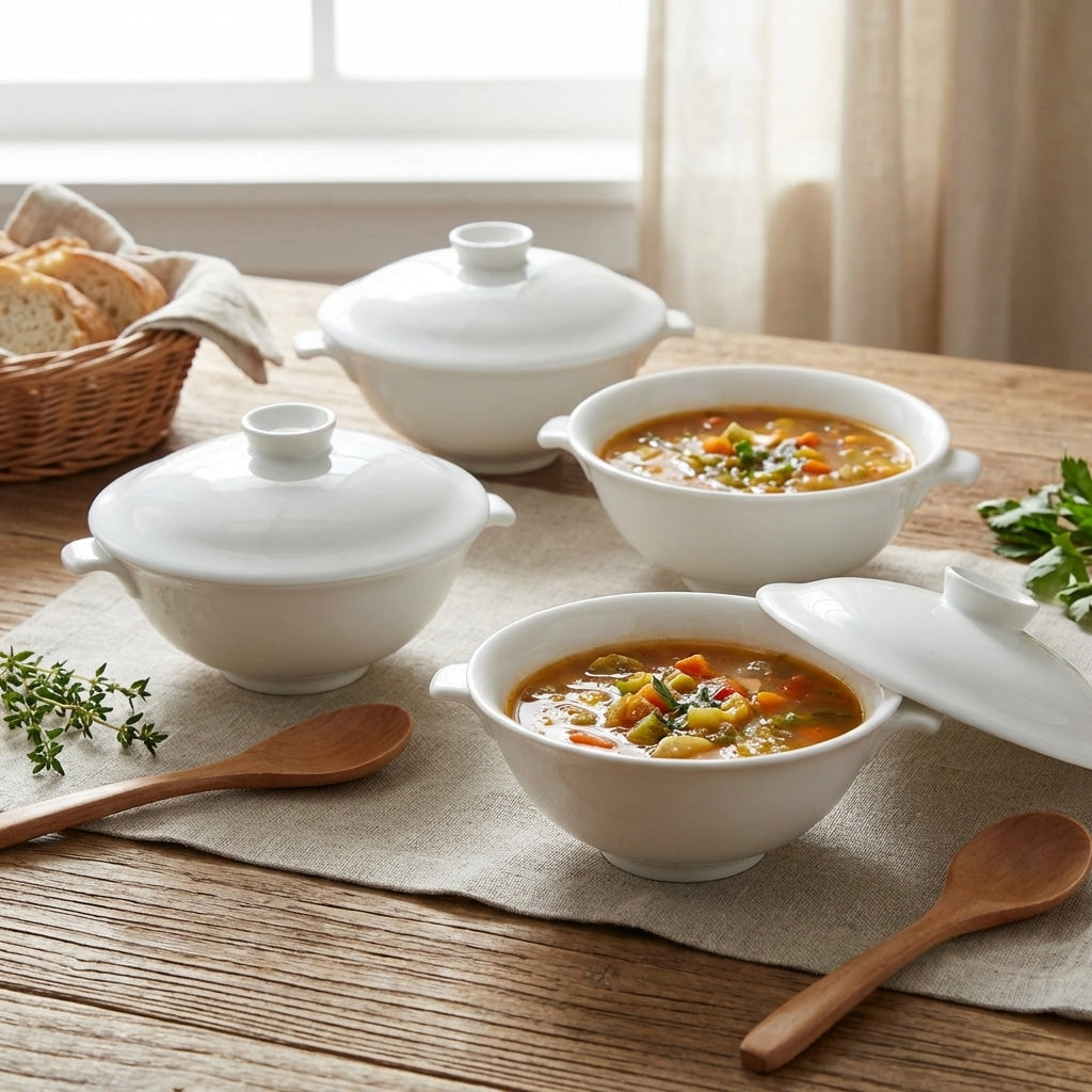 White ceramic soup bowls with lids on a wooden table with bread and herbs.