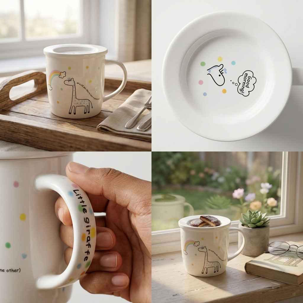 A four-panel collage showing a white ceramic mug and matching plate with pastel polka dots and simple line drawings, including a giraffe, rainbow, unicorn, and cloud motifs. One panel shows a hand holding the mug handle, and another shows the mug on a windowsill with a book and plant nearby.