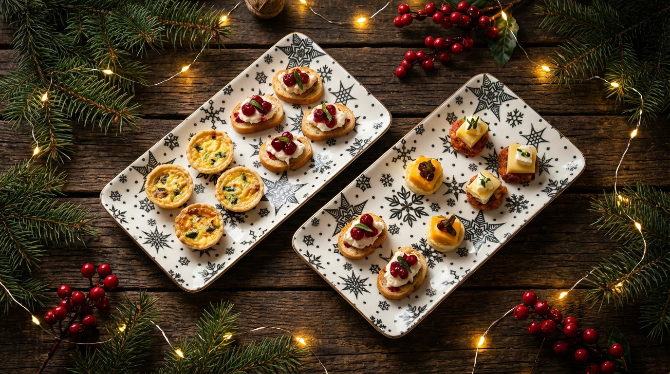 Two plates of small appetizers on a wooden table with Christmas decorations.