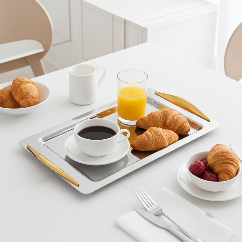 Breakfast tray with coffee, croissants, and orange juice on a white table.