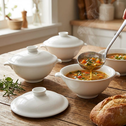 White ceramic soup bowls with lids on a wooden table, filled with hot soup.