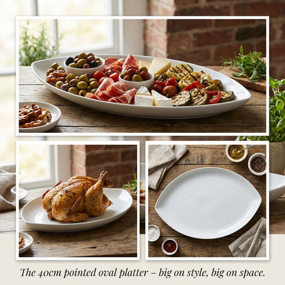 Collage of a 40cm pointed oval platter with various foods on a wooden table.
