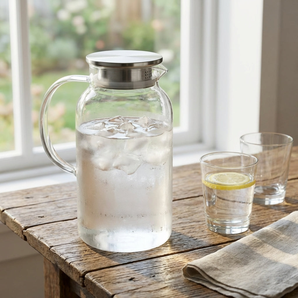 Clear glass pitcher with water and ice on a wooden table near a window.