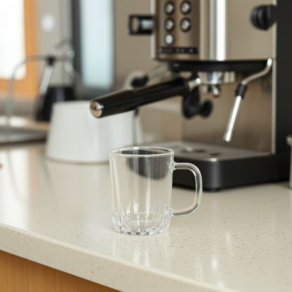 Clear glass mug on a kitchen counter with an espresso machine in the background