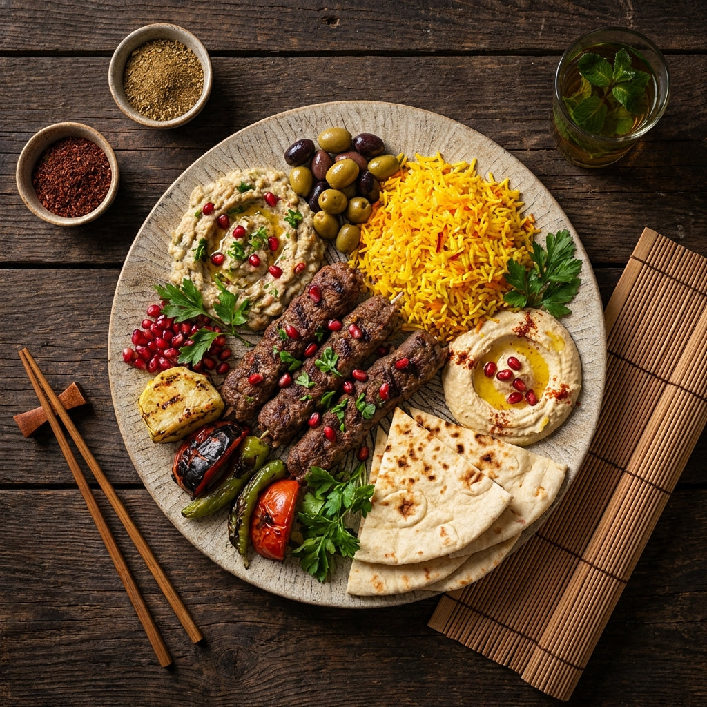 Platter of Middle Eastern cuisine with rice, hummus, and skewered meats on a wooden table.