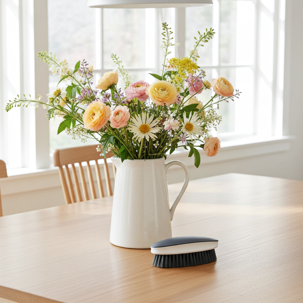 White pitcher with a bouquet of flowers on a wooden table, with a brush next to it.