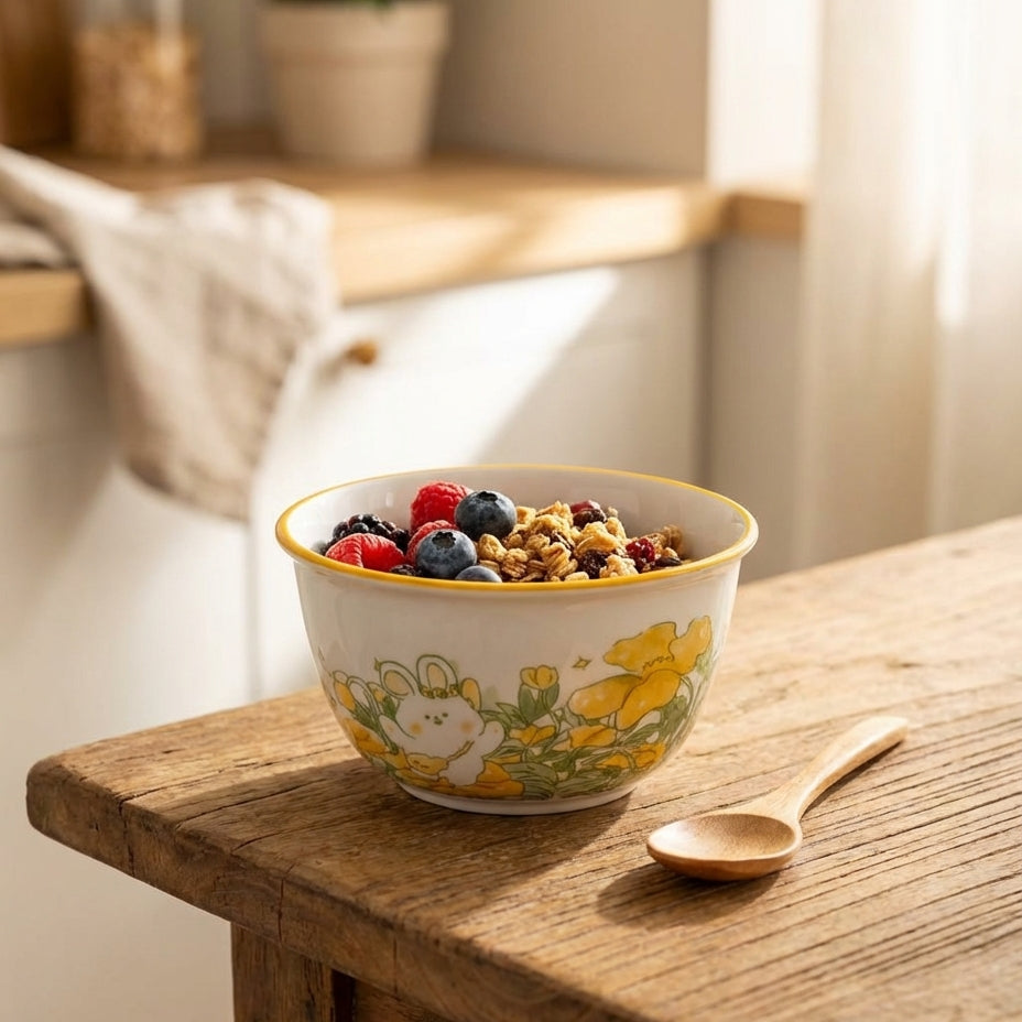 Cereal bowl with fruit and nuts on a wooden table