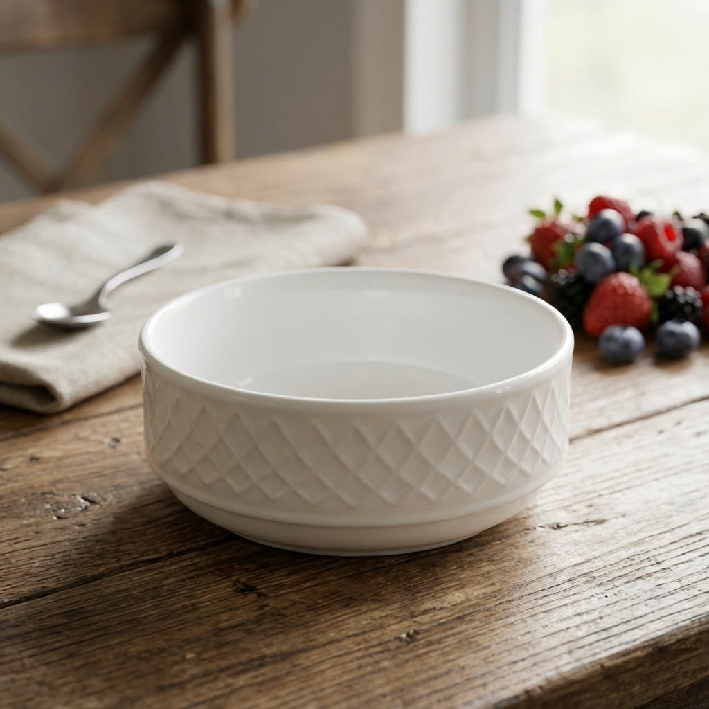White ceramic bowl with textured pattern on a wooden table with berries and a spoon.