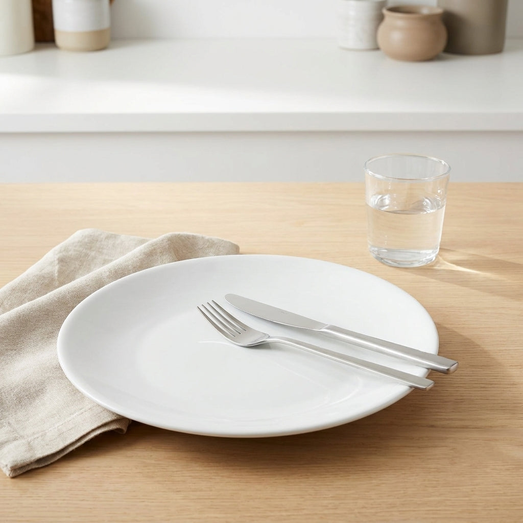 White plate with silverware on a wooden table with a glass of water.