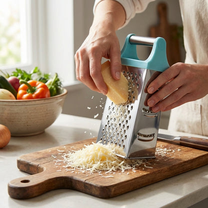 Person using a metal grater on a potato with a wooden cutting board and vegetables in the background.