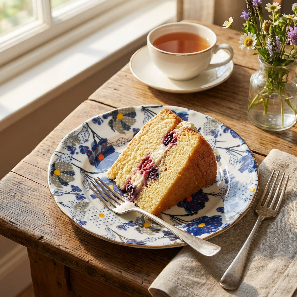 Slice of cake on a floral plate with a cup of tea and flowers on a wooden table.