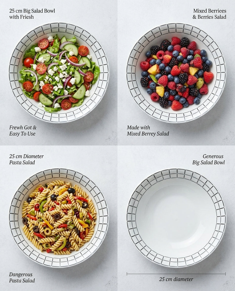 Four salad bowls with different types of salads on a light gray background
