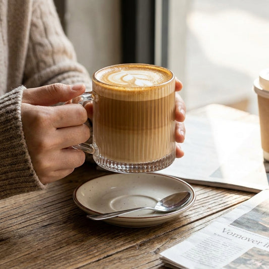 Person holding a glass mug of cappuccino on a wooden table with a newspaper and spoon.