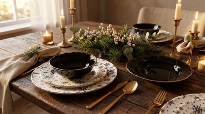 Elegant dinner table setting with black and gold dishes, candles, and greenery.
