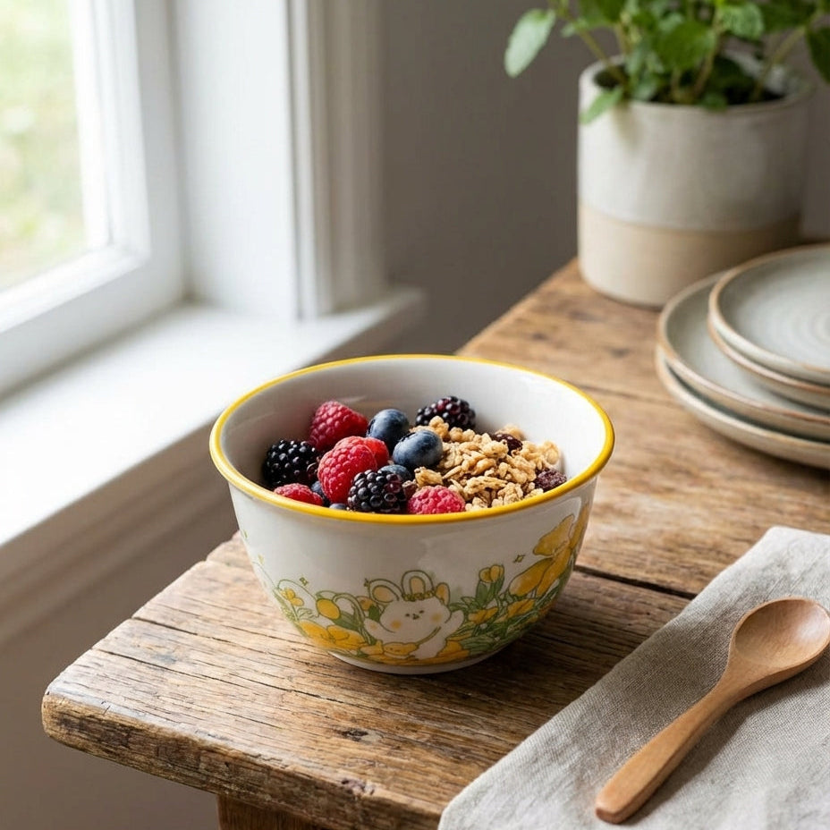 Bowl of fruit and granola on a wooden table with a window in the background