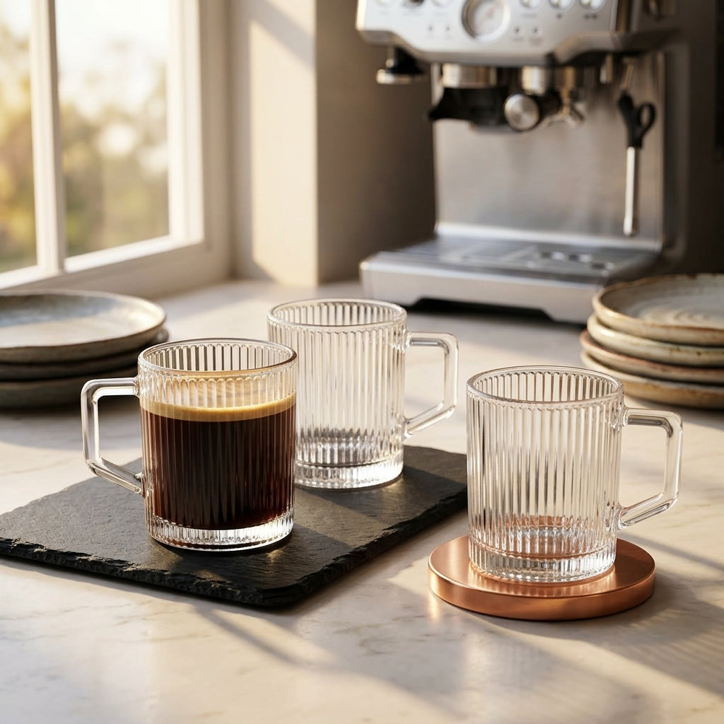 Three ribbed clear glass mugs with handles are arranged on a kitchen counter. One mug holds a dark coffee drink and sits on a black slate tray, while the other two are empty and one is resting on a copper coaster.