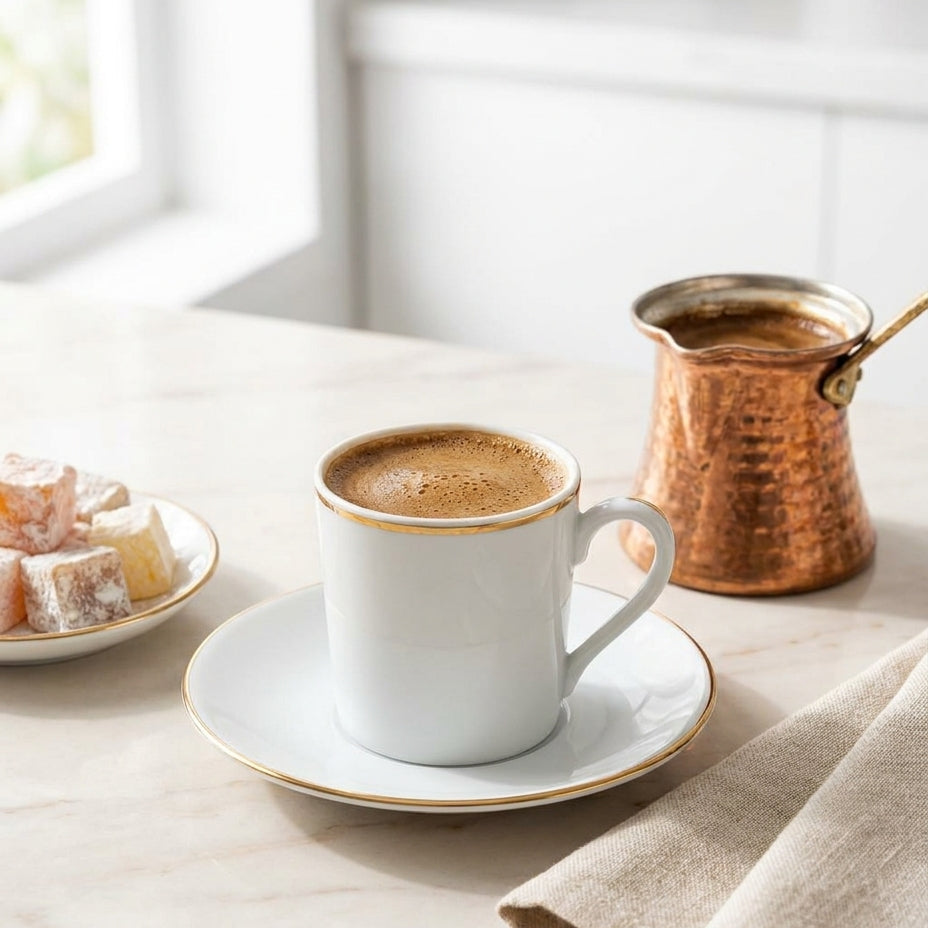 Cup of coffee on a saucer with a copper pot and plate of pastries on a light surface.