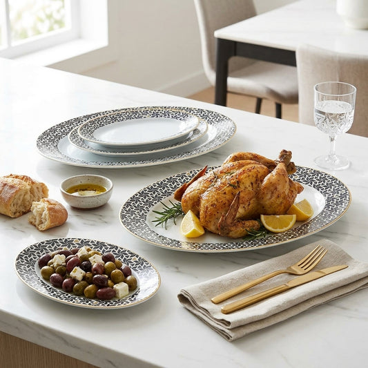 Dinner table set with roasted chicken, olives, bread, and a glass of water.