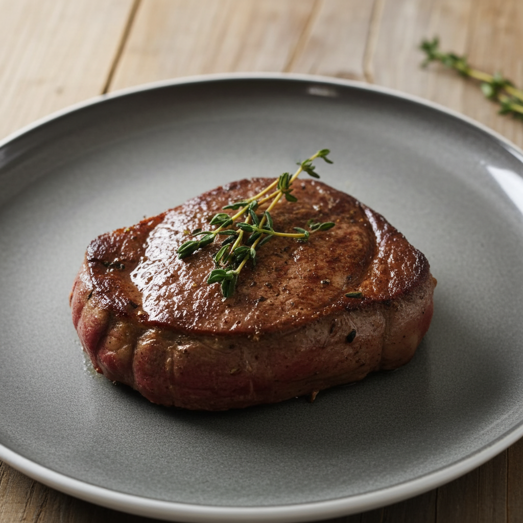 Steak on a gray plate with a sprig of thyme on a wooden surface