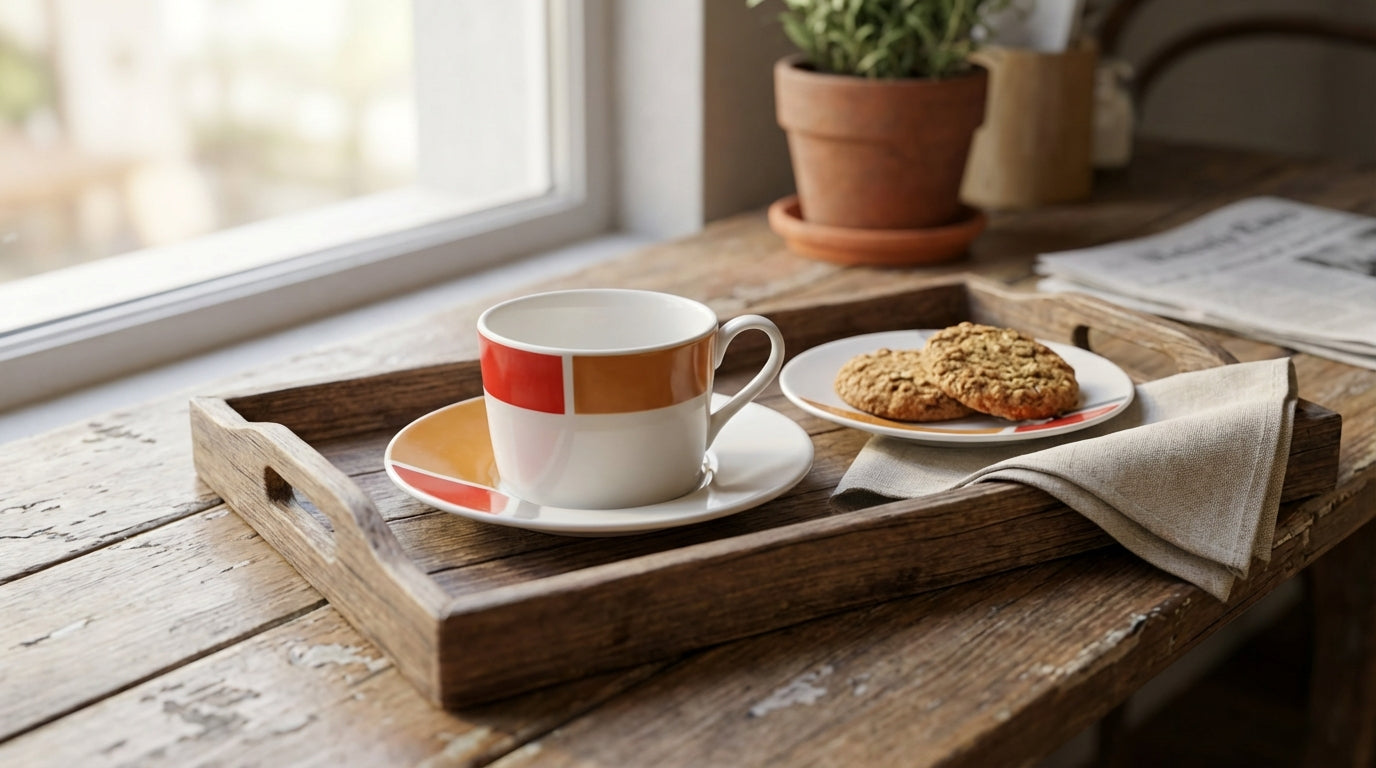 Cup with saucer, cookies on a plate, and a plant on a wooden tray by a window.