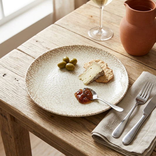 A round ceramic plate with a crackle glaze and raised rim, styled on a rustic wooden table with food, silverware, a wine glass, and a terracotta pitcher.