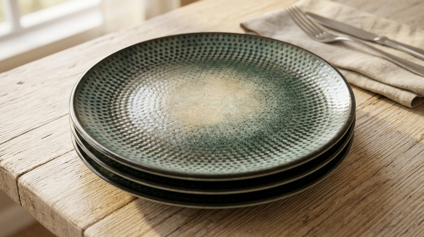A stack of four round ceramic plates with a textured, dimpled surface and a green-to-beige gradient glaze, set on a rustic wooden table next to a folded napkin and silver cutlery.