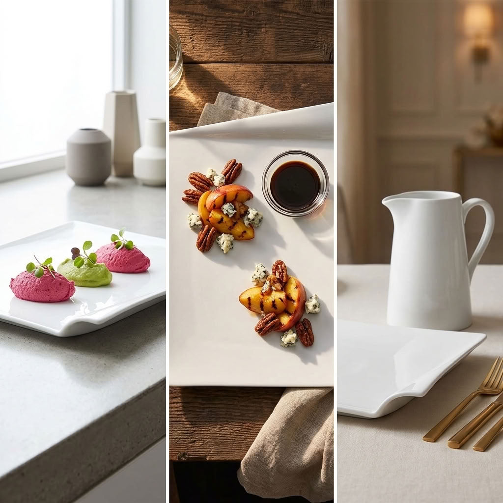 A three-panel lifestyle collage showcasing a modern white ceramic square platter with wavy cut corners. The left panel shows the platter with pink and green berry mousse on a kitchen counter.