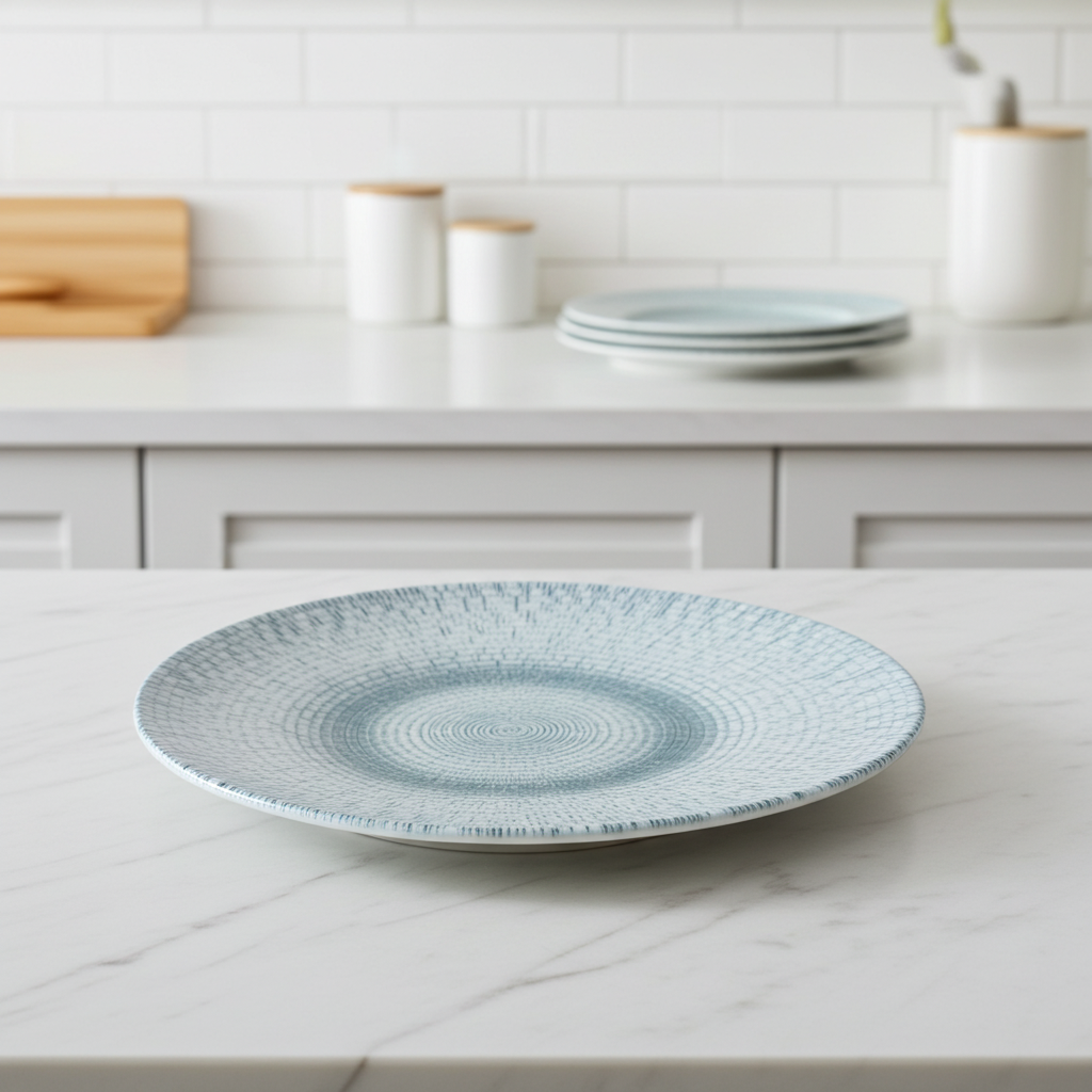 Blue ceramic plate on a white countertop with kitchen background