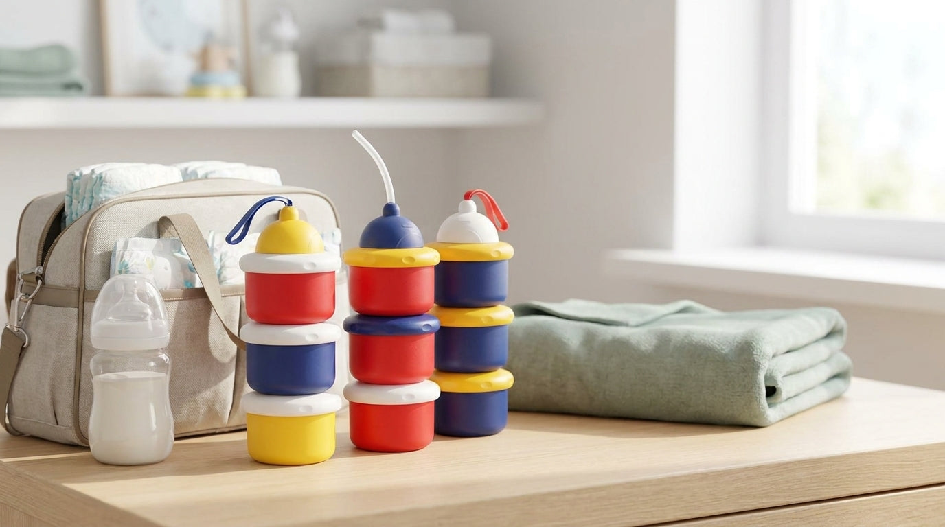 Stack of colorful baby bottles with a diaper bag and folded blanket on a table.