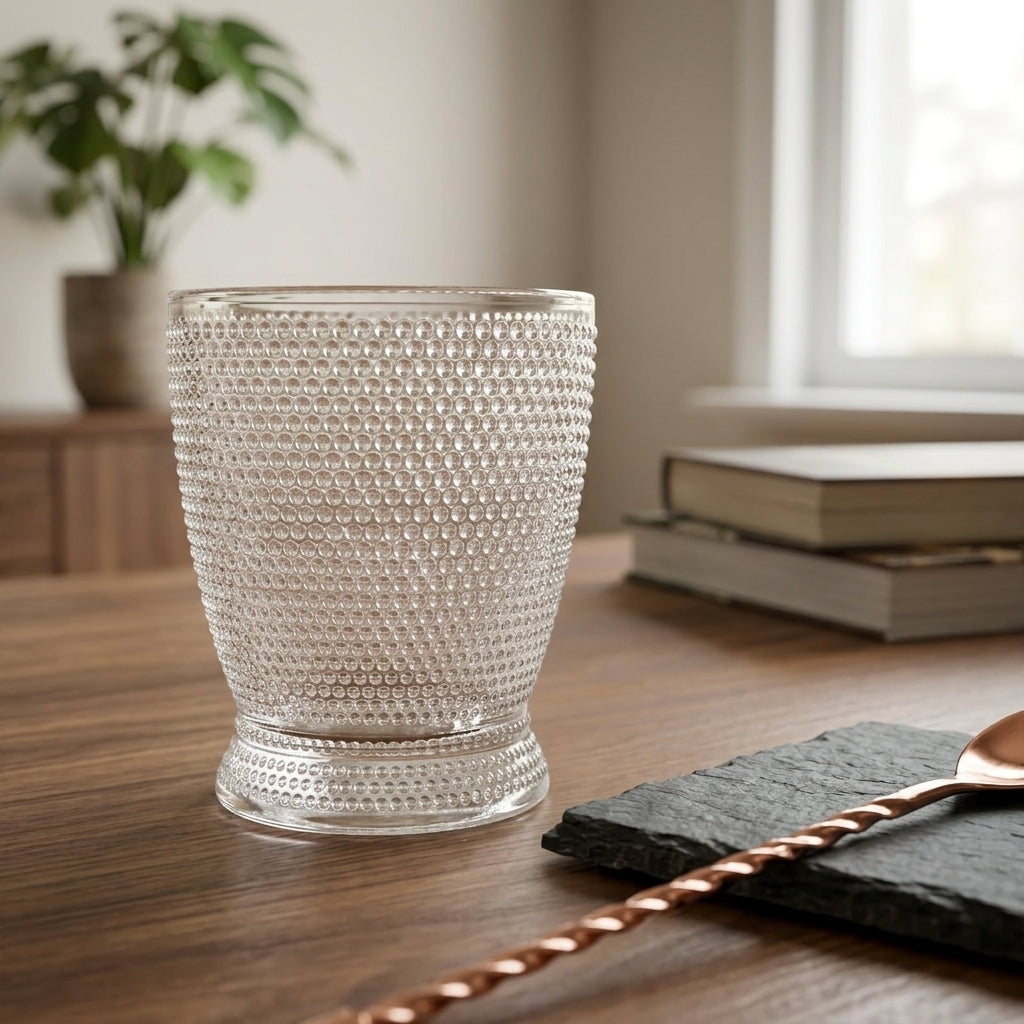 A clear textured glass tumbler with a raised beaded pattern, set on a wooden table in a softly lit room with books, a plant, and a spoon nearby.