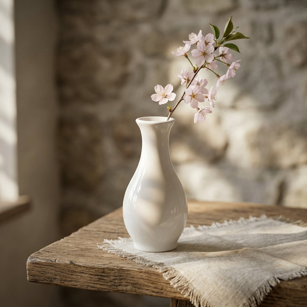 White vase with a branch of pink flowers on a wooden table with a stone wall background