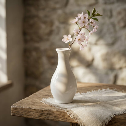 White vase with a branch of pink flowers on a wooden table with a stone wall background