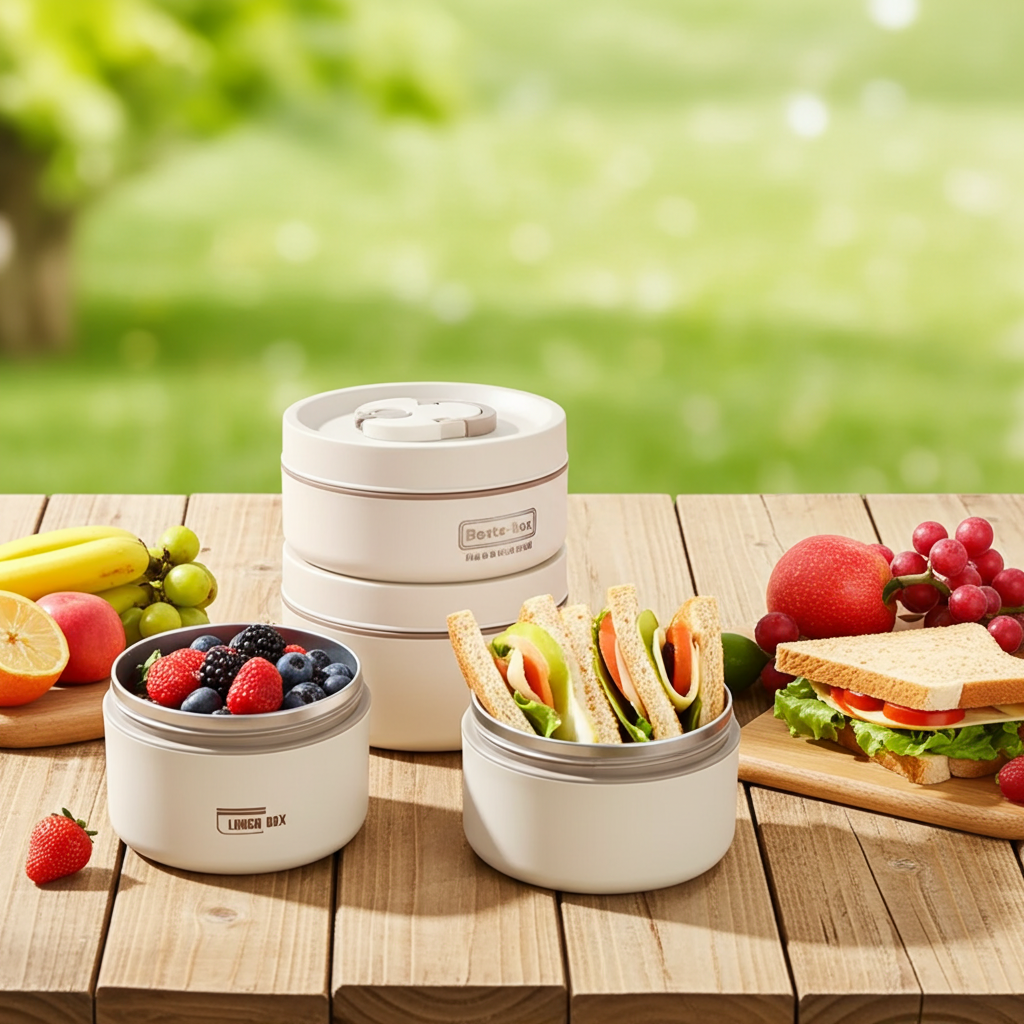 White lunch containers with food on a wooden table outdoors