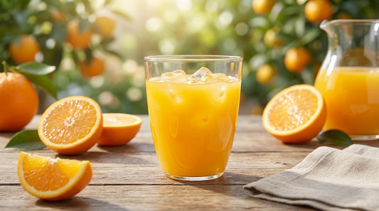 Glass of orange juice with oranges on a wooden table