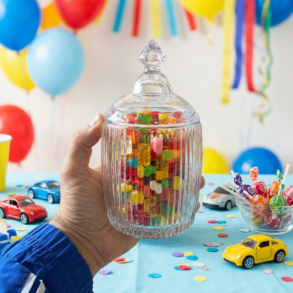 Hand holding a glass jar filled with colorful gummy bears against a festive background with balloons and toy cars.