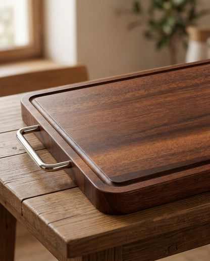 Wooden Cutting Board with Stainless Steel Handle | 40 × 28 cm