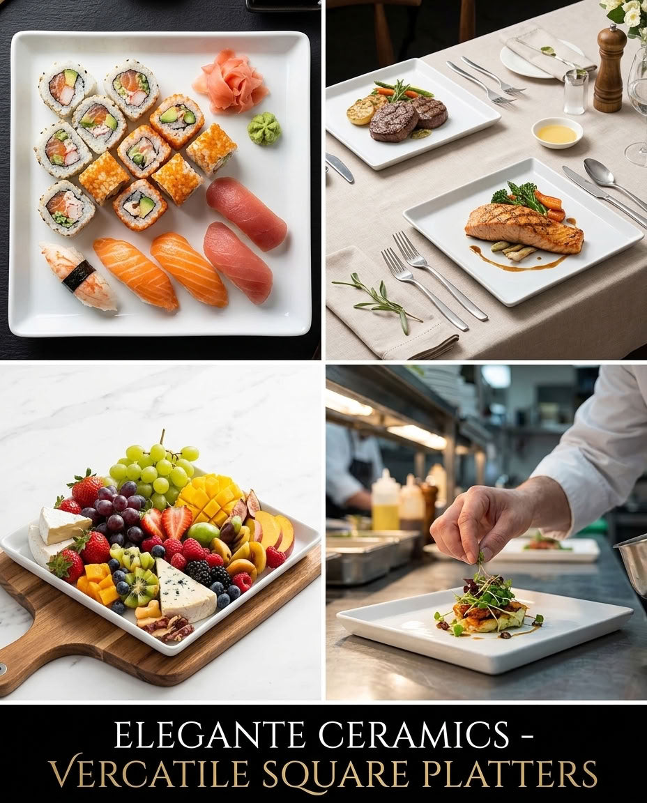 A 2x2 collage showcasing square white ceramic platters in use. The top-left panel shows sushi on a white plate; the top-right shows plated steak and salmon on a dining table; the bottom-left shows a fruit and cheese platter on a wooden board; the bottom-right shows a chef garnishing a dish on a white plate.