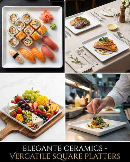 A 2x2 collage showcasing square white ceramic platters in use. The top-left panel shows sushi on a white plate; the top-right shows plated steak and salmon on a dining table; the bottom-left shows a fruit and cheese platter on a wooden board; the bottom-right shows a chef garnishing a dish on a white plate.