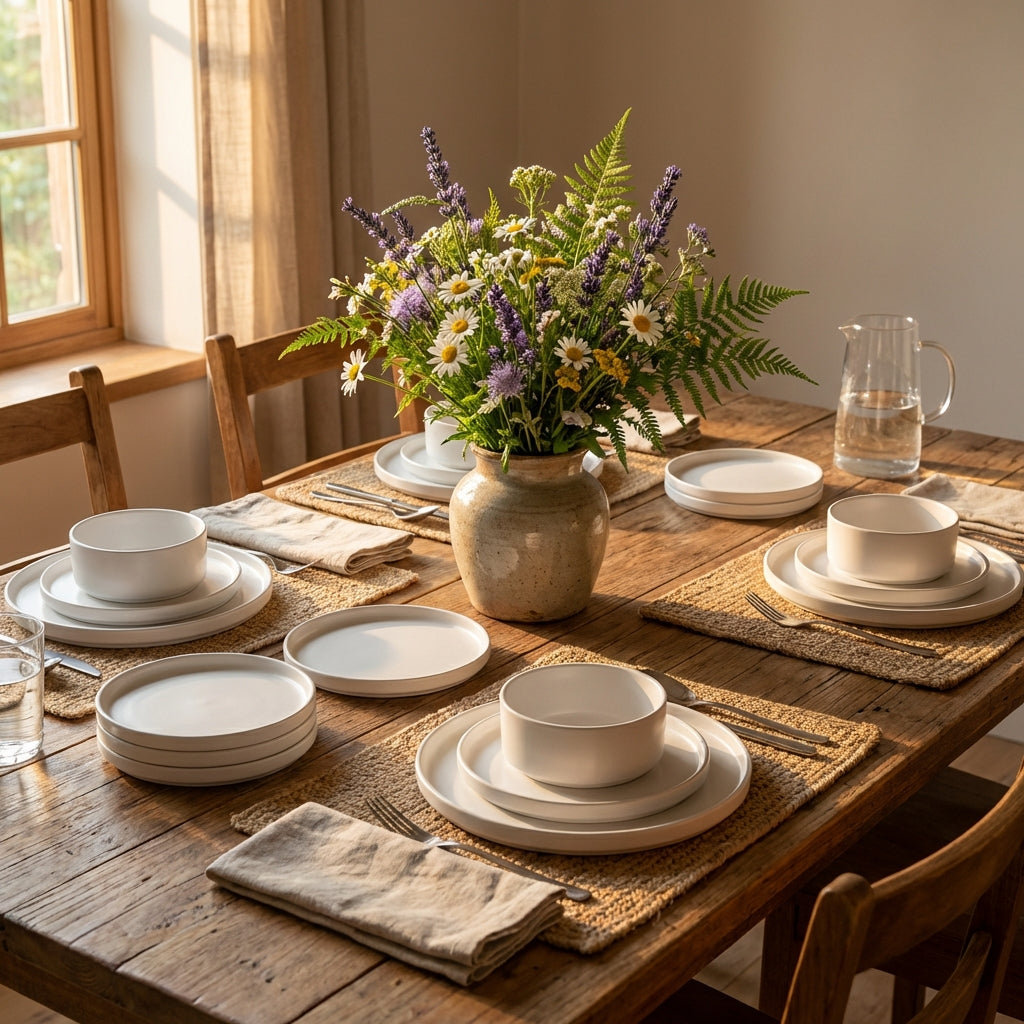 Dining table set with white ceramic plates, bowls, and a vase of flowers in a warm, natural setting.