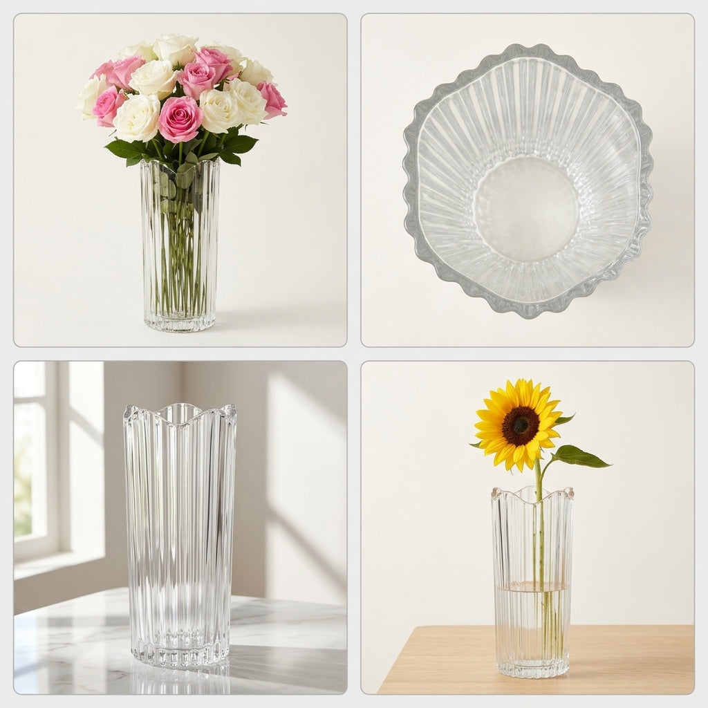 A four-panel collage showing a clear ribbed glass vase or bowl-like vessel in different settings: filled with pink and white roses, shown empty with a scalloped rim, standing on a tabletop by a window, and holding a single sunflower.