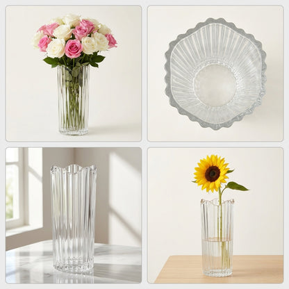 A four-panel collage showing a clear ribbed glass vase or bowl-like vessel in different settings: filled with pink and white roses, shown empty with a scalloped rim, standing on a tabletop by a window, and holding a single sunflower.