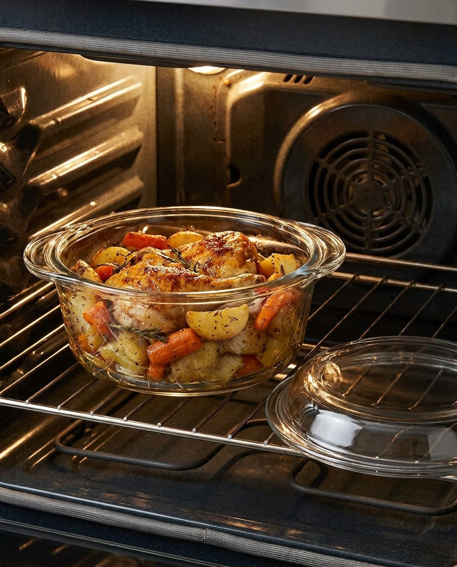 Glass baking dish with roasted vegetables in an oven