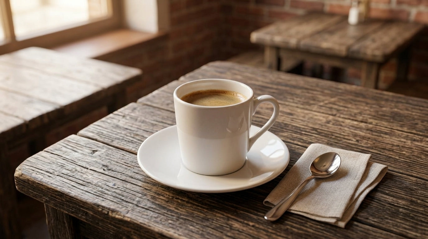 White coffee cup on a wooden table with a spoon and napkin.