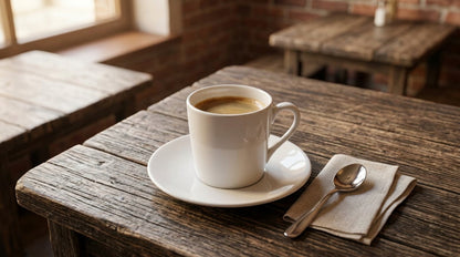 White coffee cup on a wooden table with a spoon and napkin.