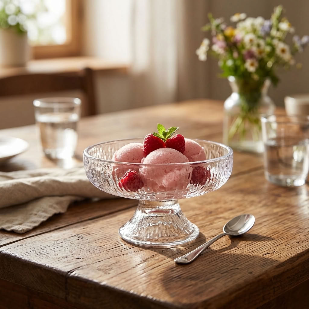 Glass dessert coupe filled with pink ice cream and raspberries