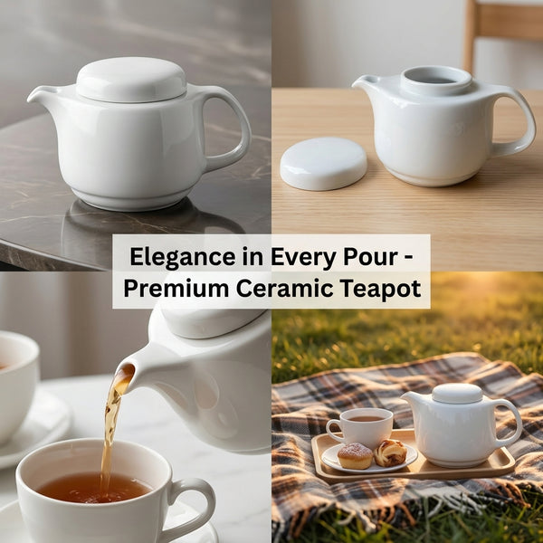 A four-panel collage showcasing a white ceramic teapot and cup set in different lifestyle settings: on a marble surface, on a wooden table with the lid off, pouring tea into a cup, and on a plaid blanket outdoors. A central text overlay reads 'Elegance in Every Pour - Premium Ceramic Teapot'.